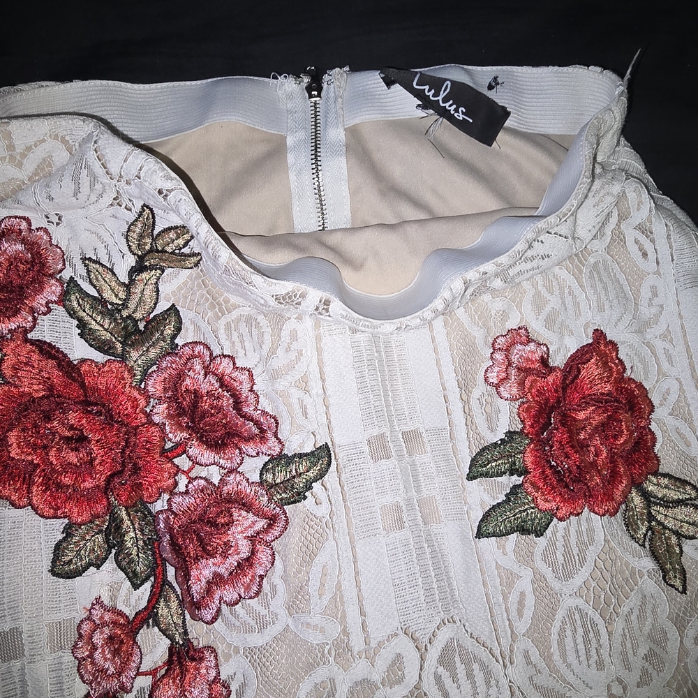 Lulu's Cream Lace Dress with Red Floral Embroidery